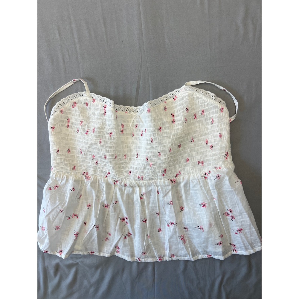 No Boundaries Smocked Baby Doll Tank Top White Pink Floral Eyelet Large NWT